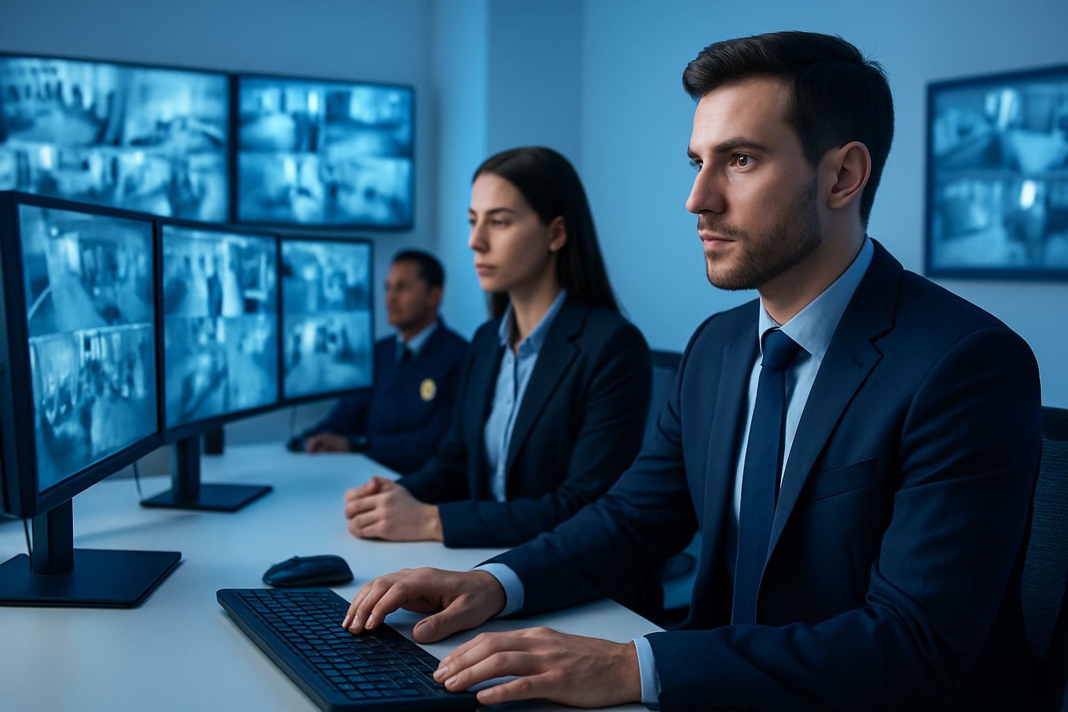 Central de monitoreo con operadores supervisando eventos de seguridad.