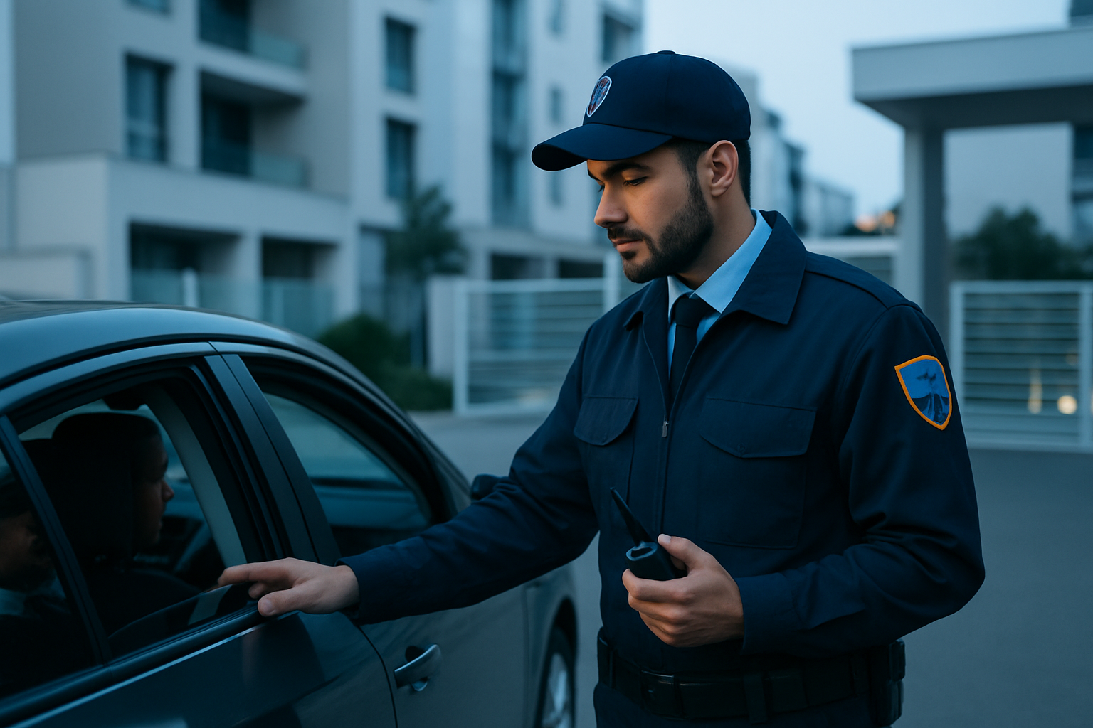 Guardia realizando control de acceso en un conjunto residencial.