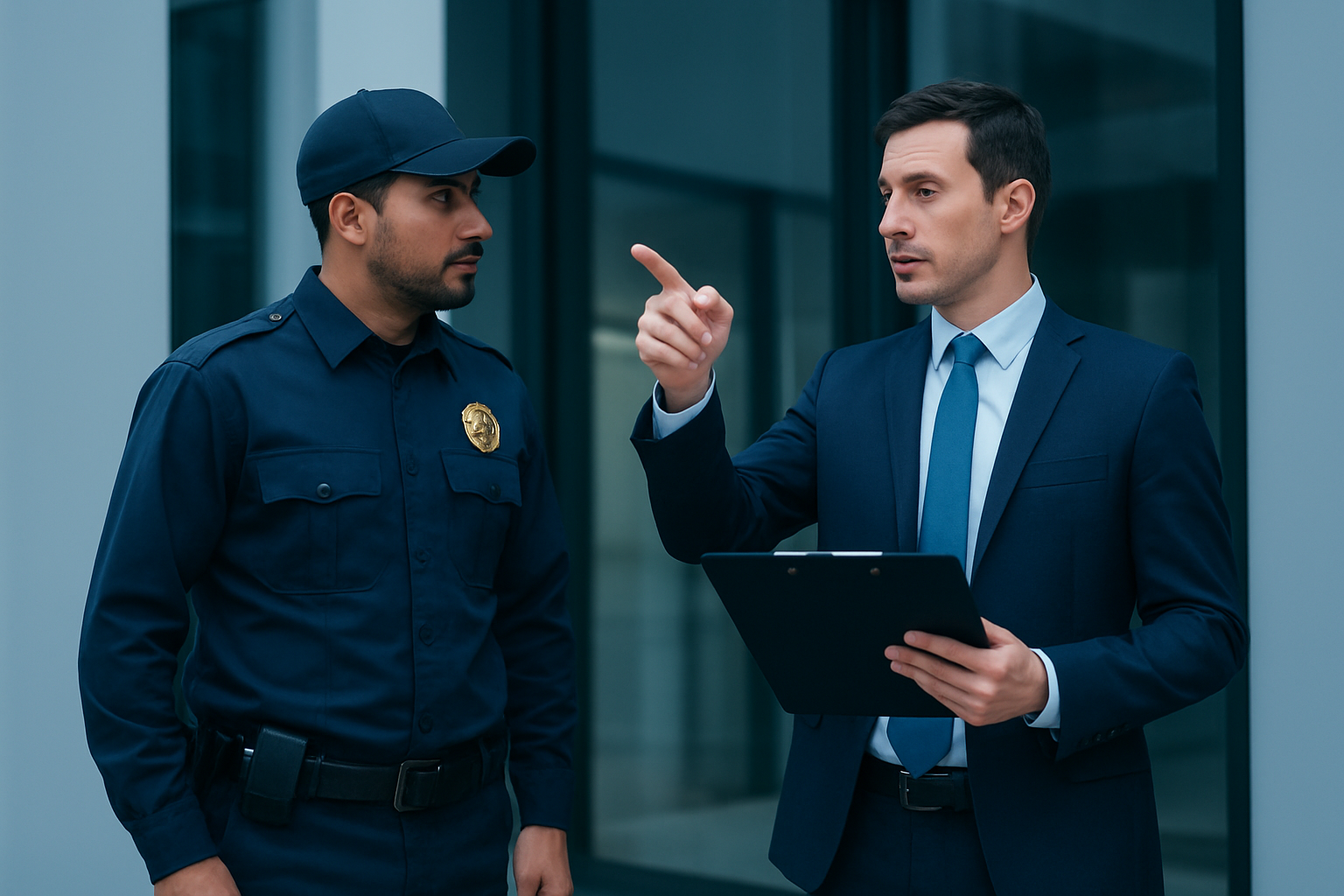 Guardia de seguridad y administrador revisando el acceso de un edificio corporativo.