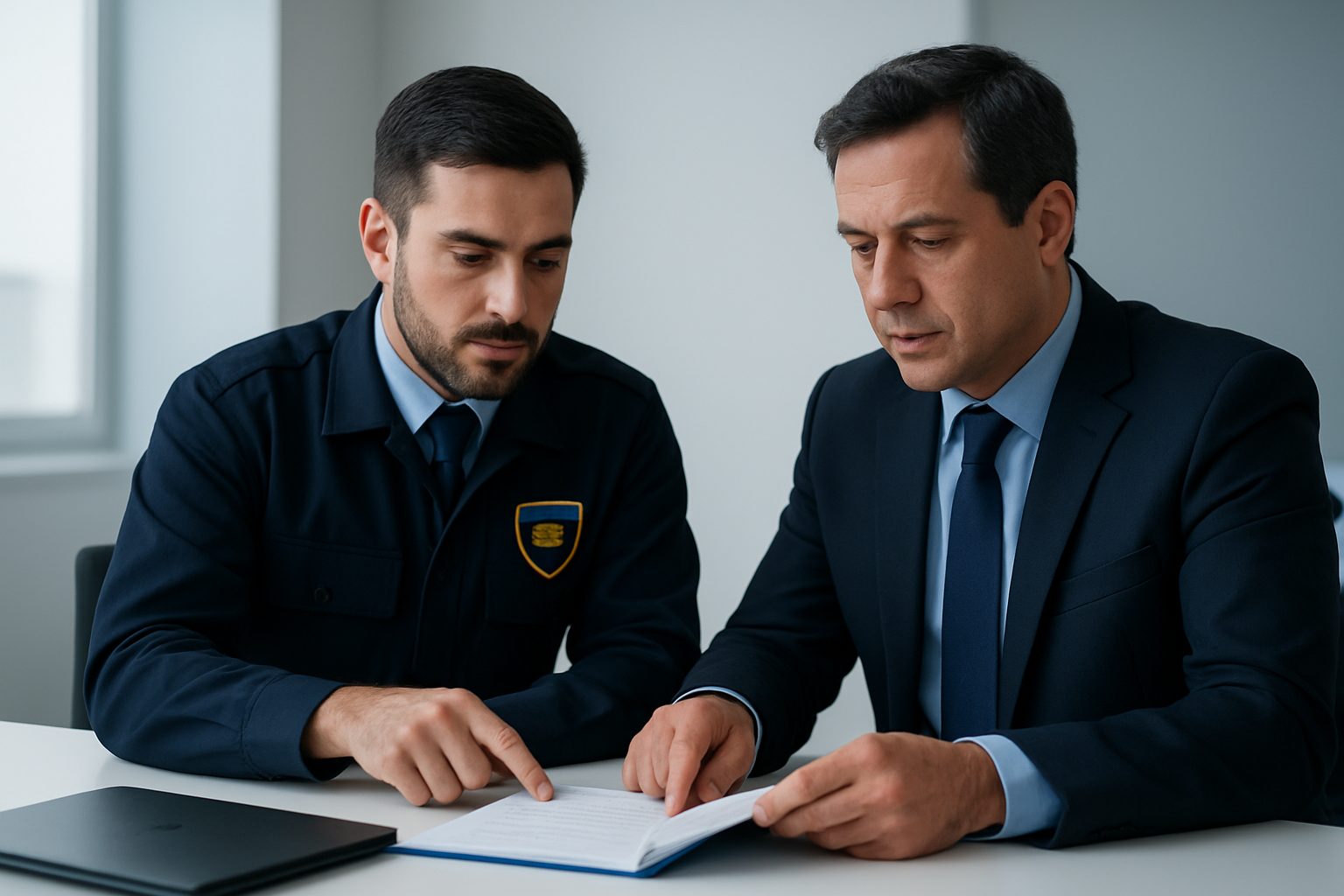Profesionales verificando documentos y credenciales de una empresa de seguridad en una reunión