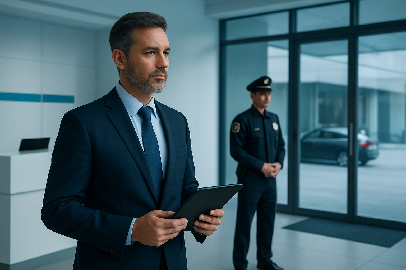 Administrador de edificio supervisando el acceso vehicular y el personal de vigilancia asignado