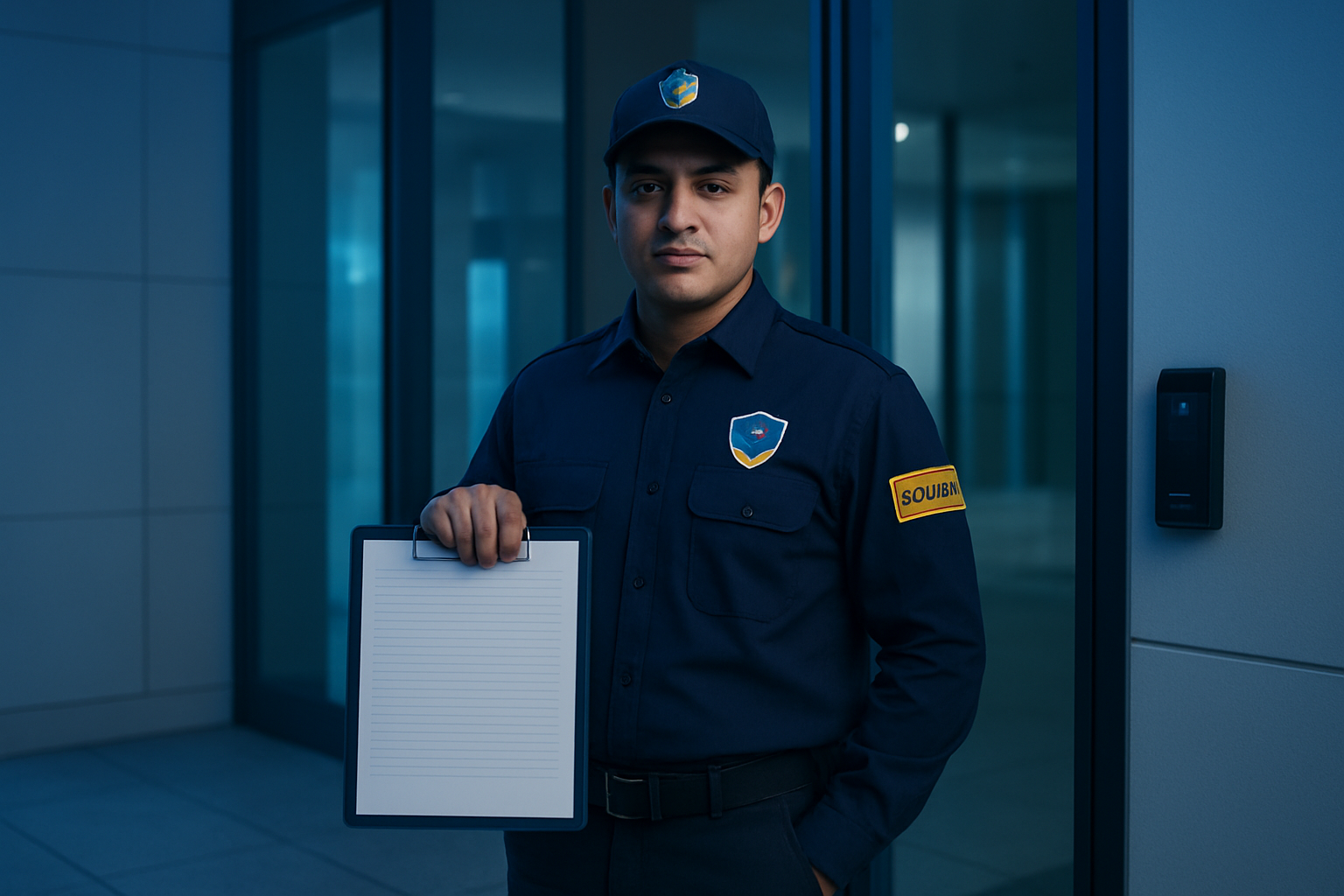 Guardia de seguridad uniformado frente al acceso de un edificio corporativo durante el turno nocturno