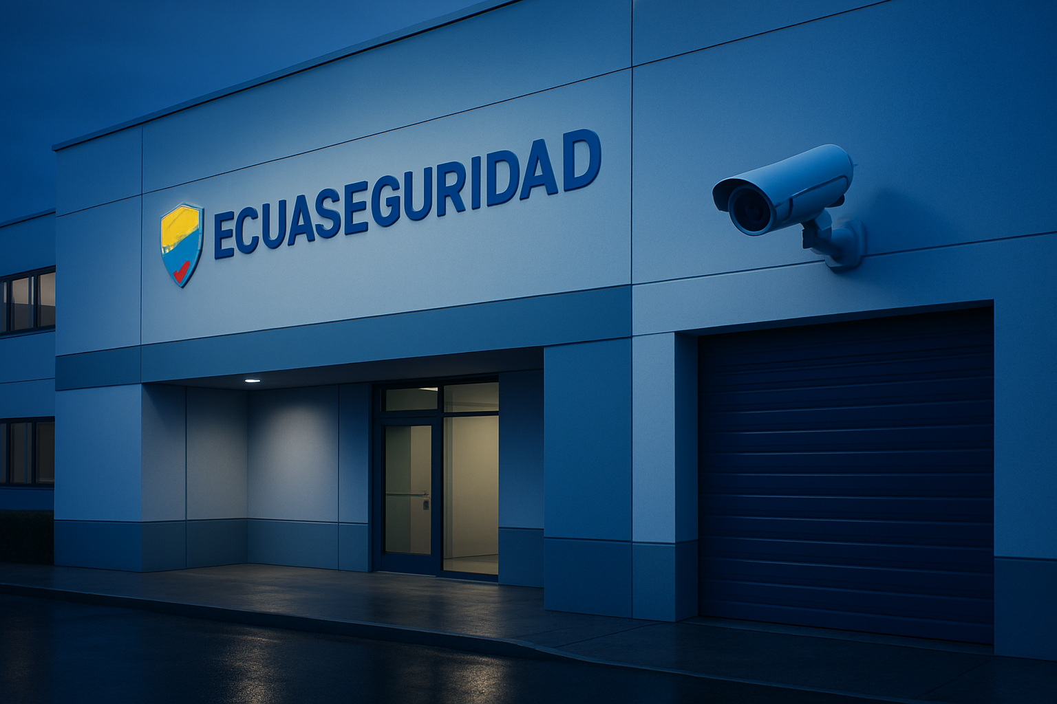 Cámara tipo bullet instalada en la fachada de un edificio comercial junto al acceso vehicular