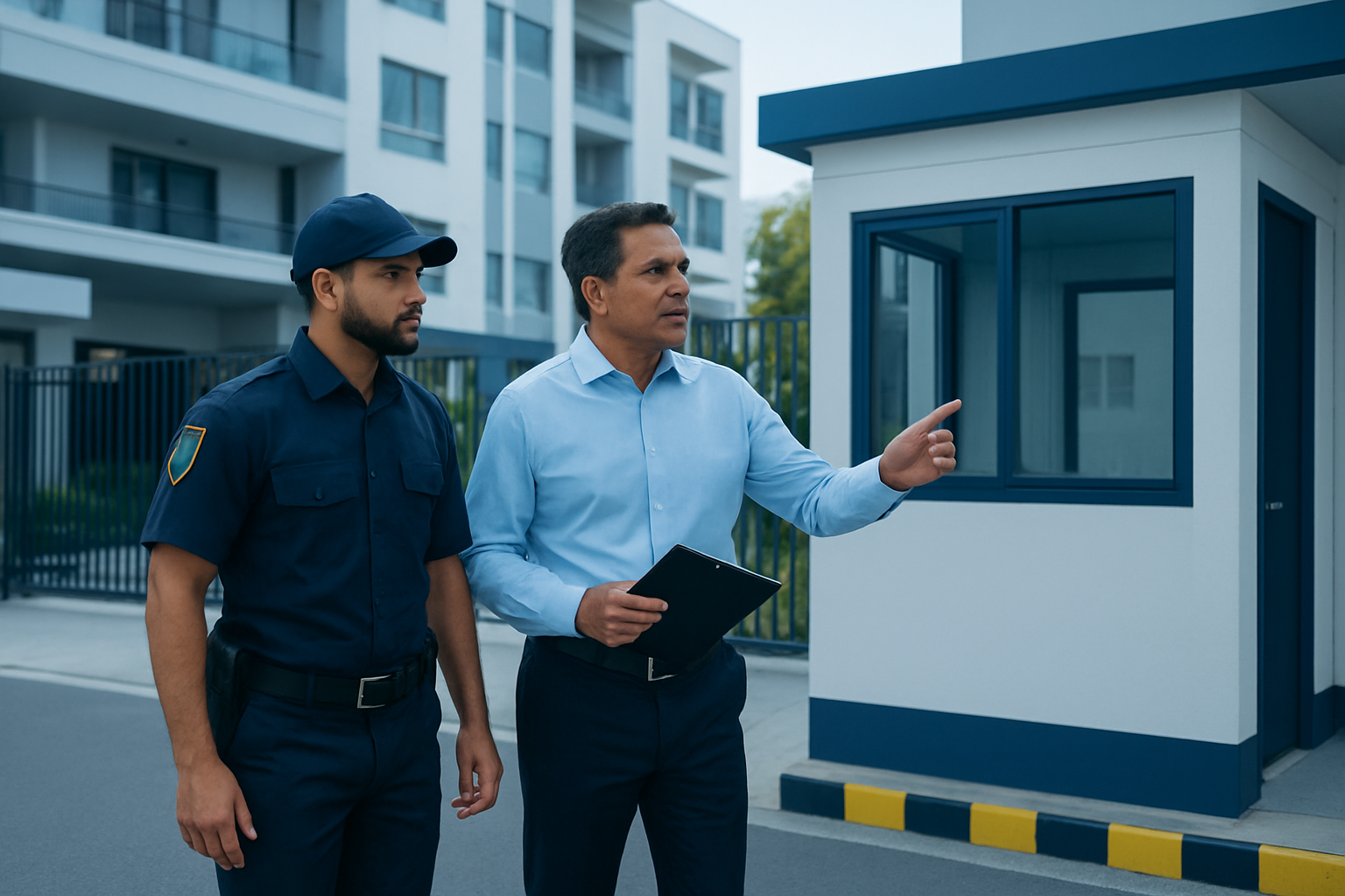 Técnico y administrador evaluando accesos para una cotización de seguridad privada.