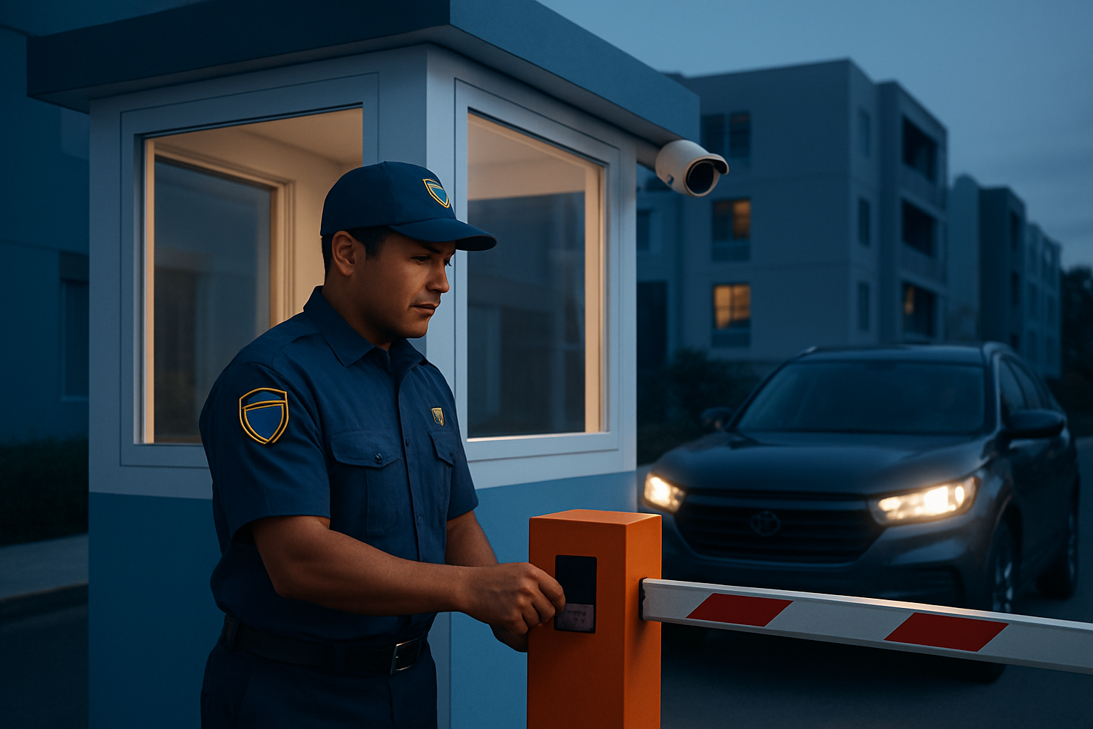 Guardia controlando acceso vehicular con apoyo de cámaras de seguridad.