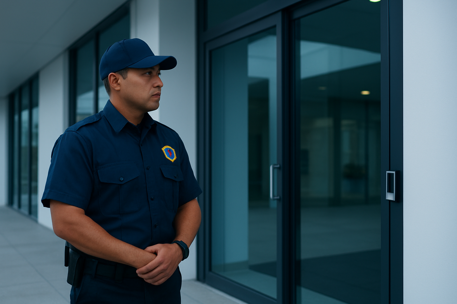 Guardia de seguridad revisando el acceso de un edificio corporativo moderno.