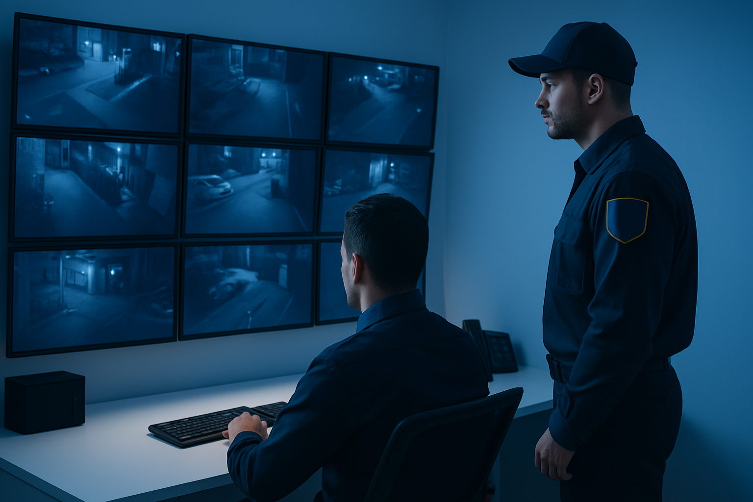 Operador de central de monitoreo revisando cámaras de seguridad en una sala de control