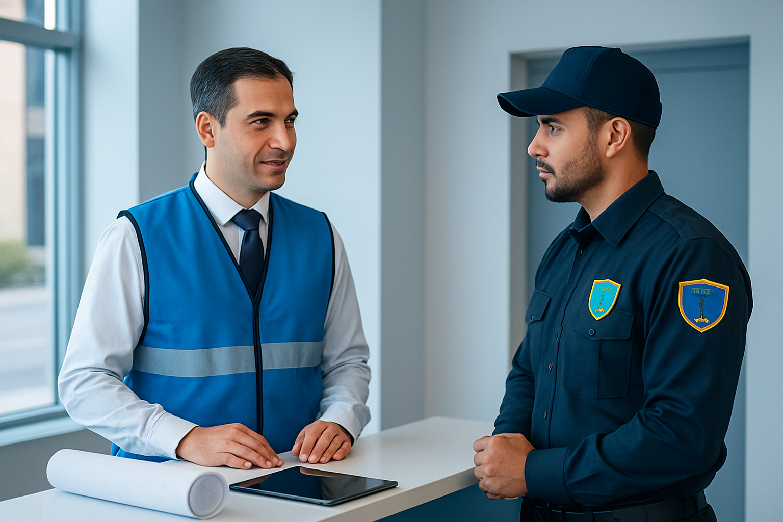Administrador de edificio revisando el plan de seguridad con un técnico en la recepción