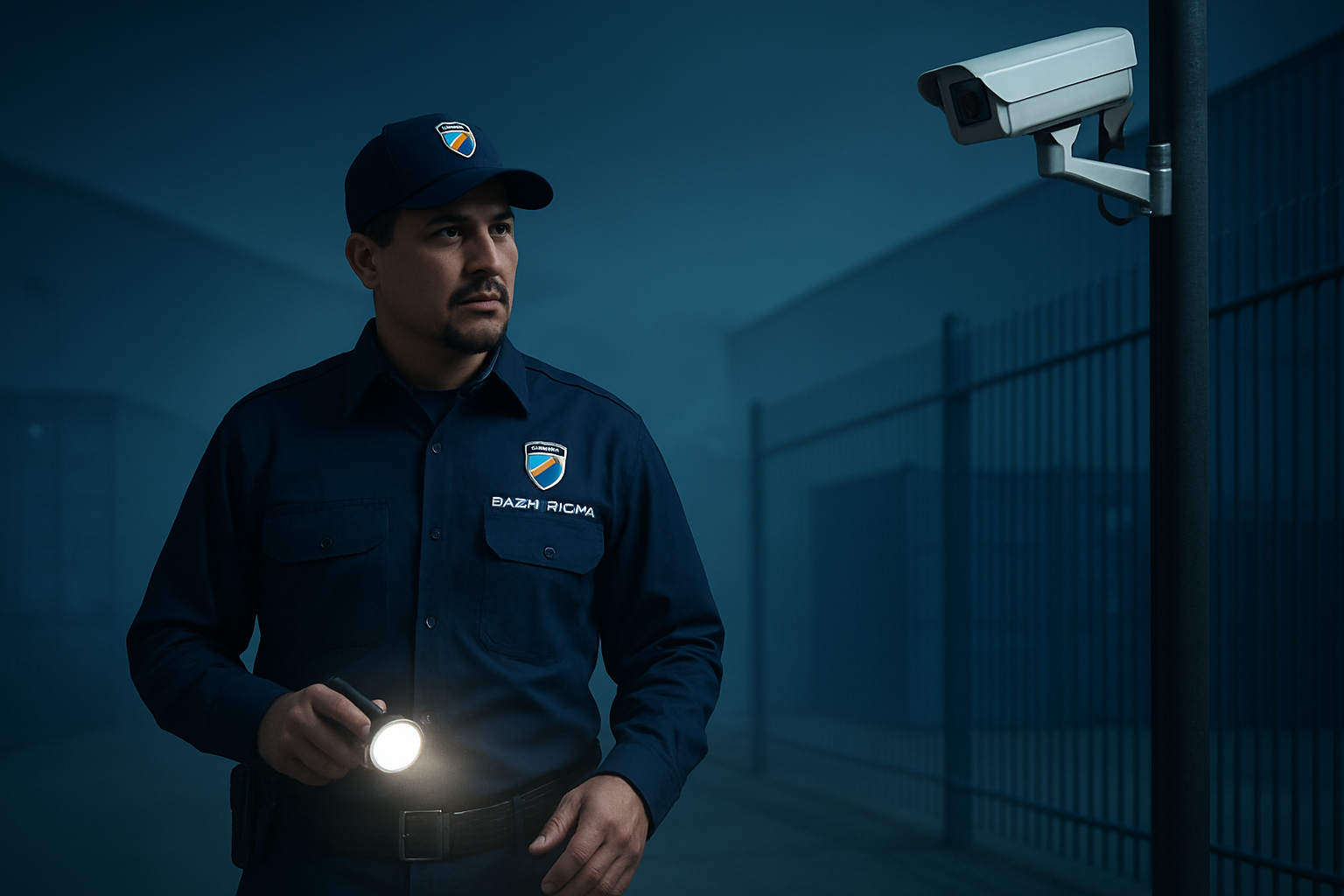 Guardia en ronda nocturna por el perímetro de una bodega industrial con cámara de seguridad