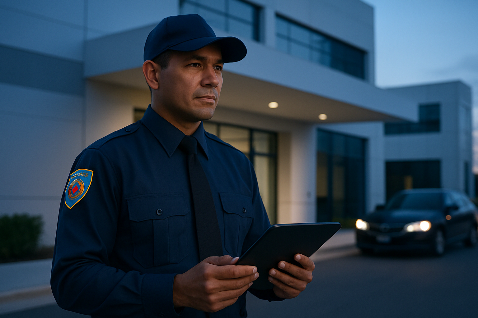 Guardia de seguridad uniformado junto al acceso de un edificio corporativo al atardecer